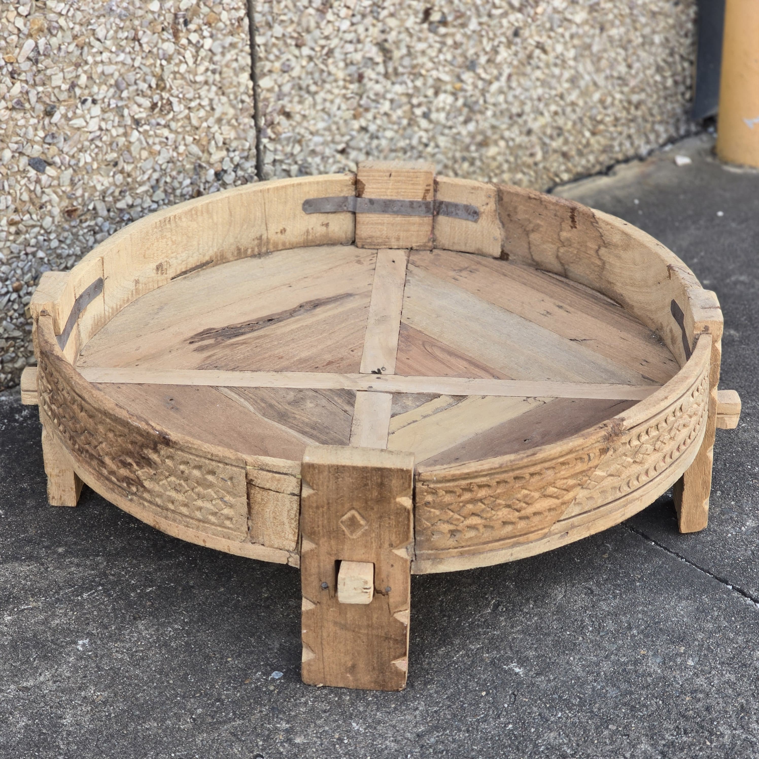 Handcrafted Solid Wood Indian Coffee Table - 30x30x10 Inches Traditional Chakki Grinder Design for Living Room, Lounge & Boho Decor