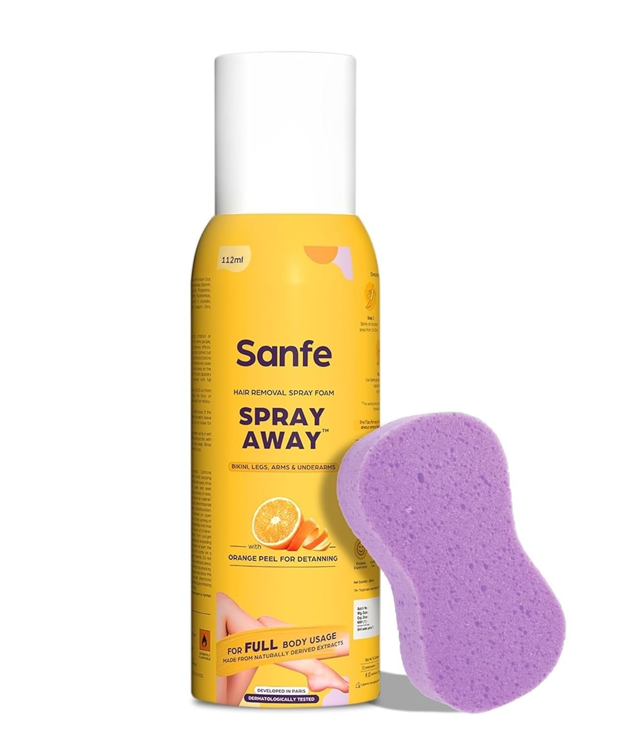 Sanfe Painless & Detan Hair Removal Spray Cream - 112ml | Fast 10-Minute Hair Removal for Chest, Legs, Arms & Underarms | Enriched with Orange Peel, Aloe Vera, Vitamin E & Niacinamide | Dermatologist Tested | Smooth Skin for Summer Dresses & Beach Vacations