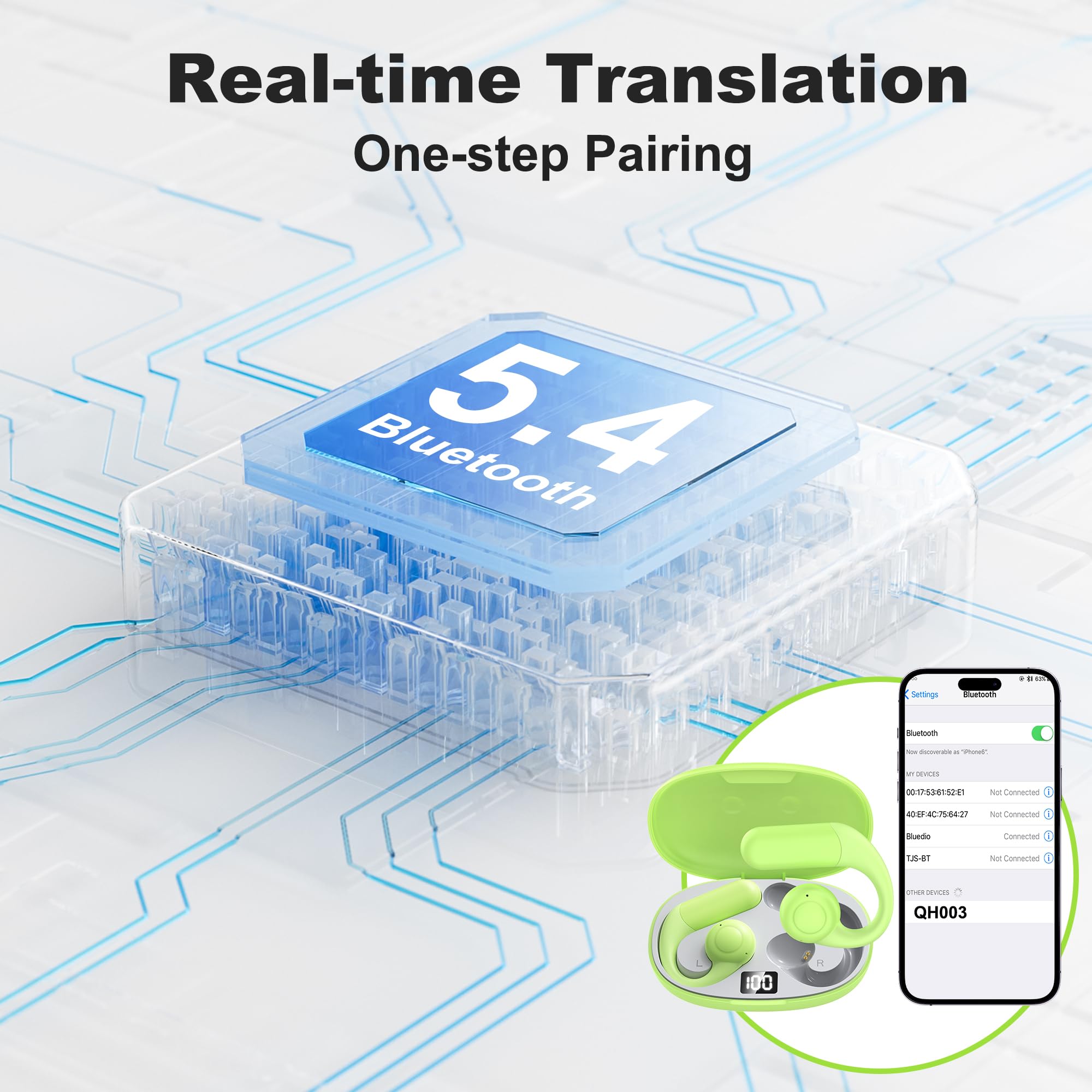 Wireless Bluetooth Earbuds with AI Real-Time Translation - 3-in-1 Language Translator Headphones for iOS & Android - Perfect for Travel, Business Meetings & Language Learning (Green) - Use for International Conferences, Overseas Travel & Multilingual Conversations