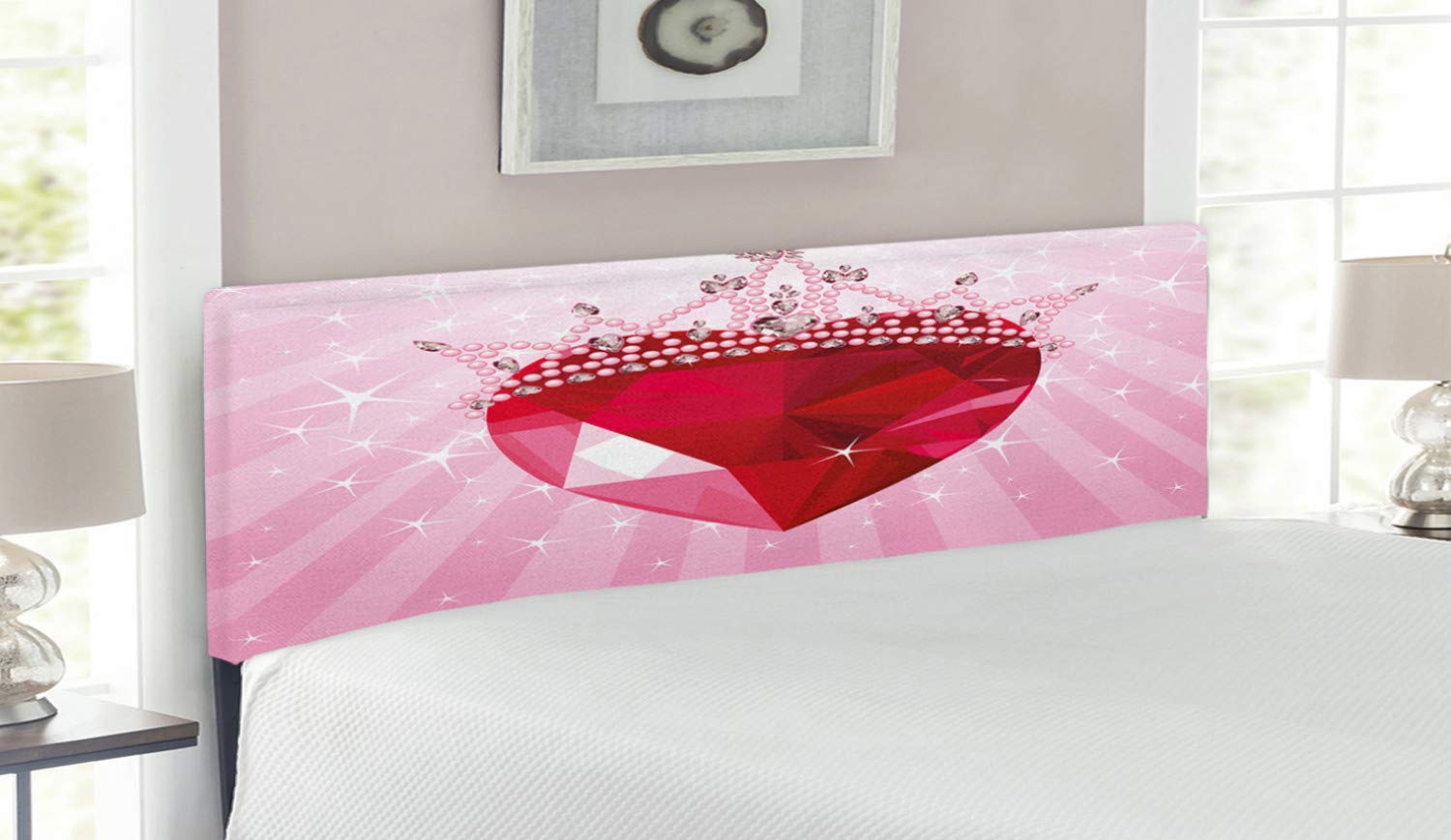Ambesonne Queen Size Upholstered Headboard - Vibrant Red Love Heart with Cartoon Crown Design, Romantic Girls Bedroom Decor, Memory Foam Padding, Metal Frame (Pink/Red) - Perfect for Teen Girls' Rooms, Dorm Decor & Romantic Bedroom Makeovers