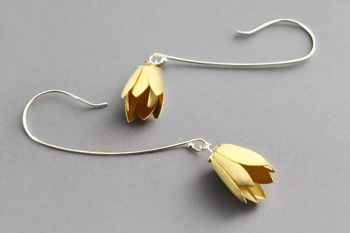 Golden Bell Flower Drop Earrings - Gold Over Silver - Elegant Dangle Earrings for Women, Perfect for Parties, Weddings & Special Occasions
