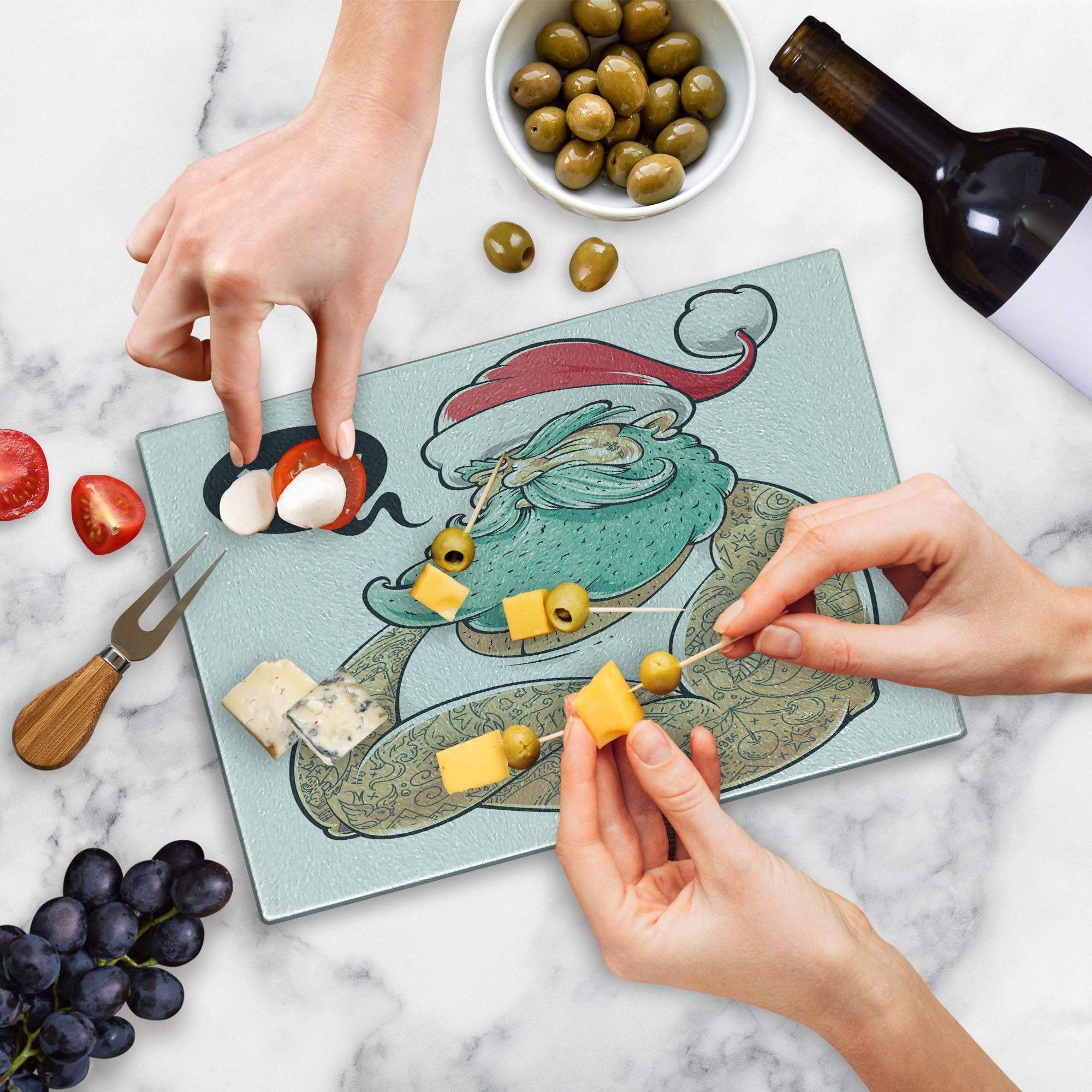 Lunarable Tattoo Themed Tempered Glass Cutting Board - Blue Santa with Beard & Tattoos Kiss Design - Decorative Serving Board for Kitchen & Dining - Small Size (Red, Blue, White) - Perfect for Holiday Parties, Gift Giving & Food Presentation
