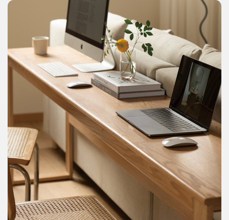Solid Oak and Poplar Wood Long Narrow Desk - Modern Minimalist Home Office Writing Table for Small Spaces | Perfect for Study, Work, and Laptop Use