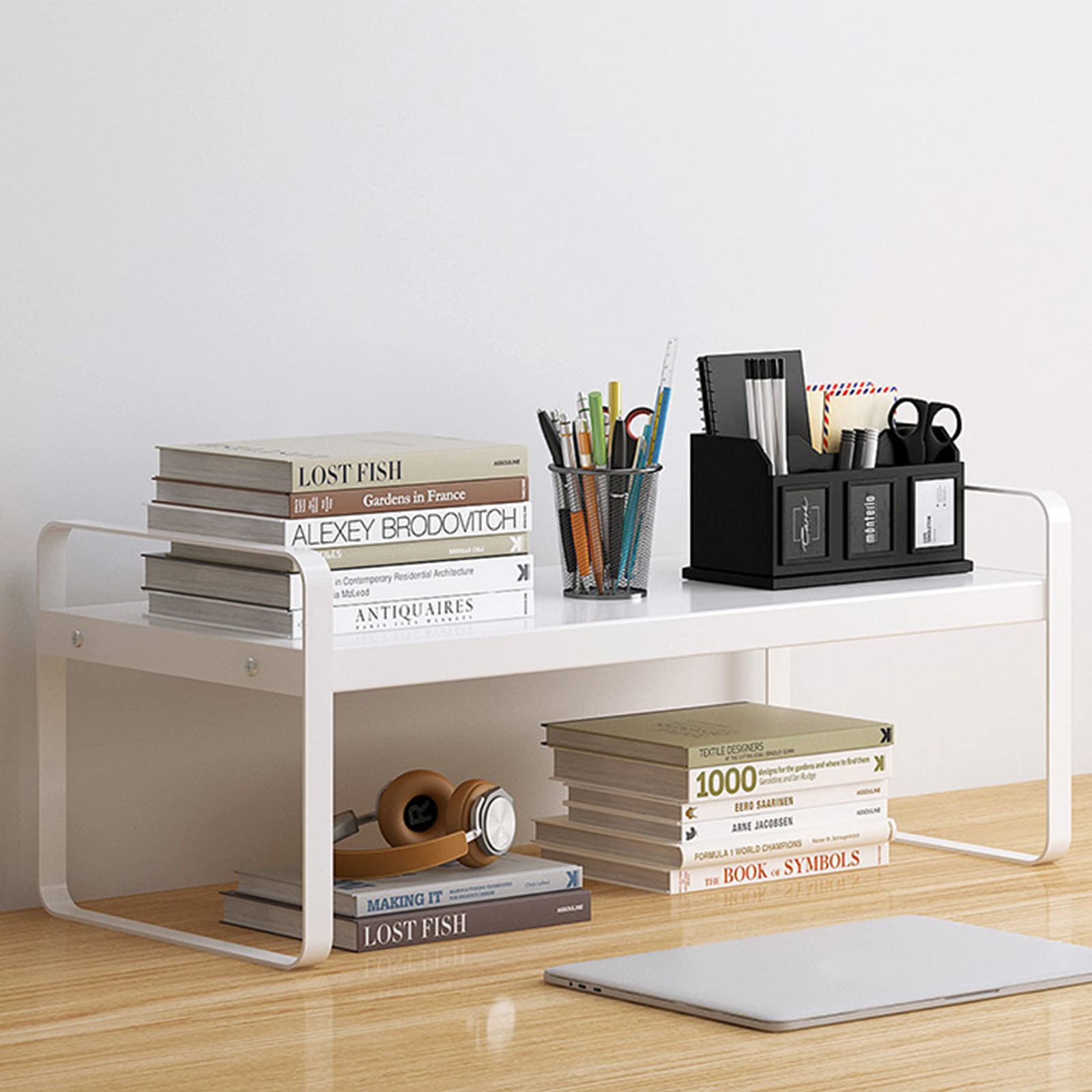 Wooden Office Desk Shelf Organizer - Desktop Storage Rack with Cubby for Office Supplies, Books & Decor | Aesthetic Bookshelf for Women, Men & Kids | Perfect for Home Office, Dorm Room & Workspace (White, Single Tier)