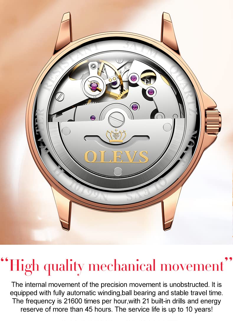 OLEVS Women's Automatic Diamond Dress Watch - Rose Gold Ceramic Bracelet, Stainless Steel Case with Date Function | Perfect for Formal Events, Office Wear & Special Occasions