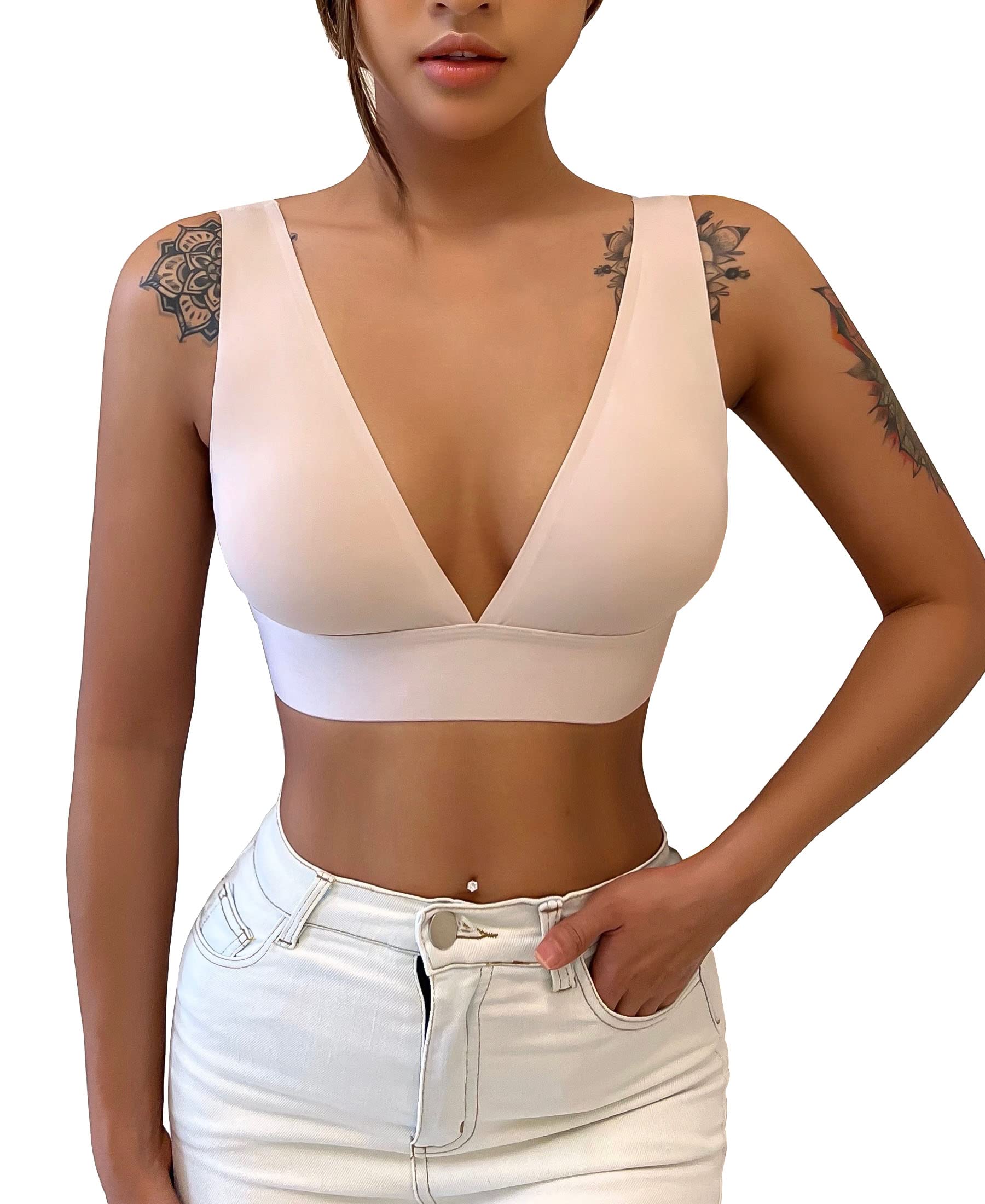 2 Pack Wireless Bras for Women - Sexy Deep V-Neck Invisible Comfort Unlined Triangle Bralette - Stretchy Soft Support for Everyday Wear, Yoga & Lounge