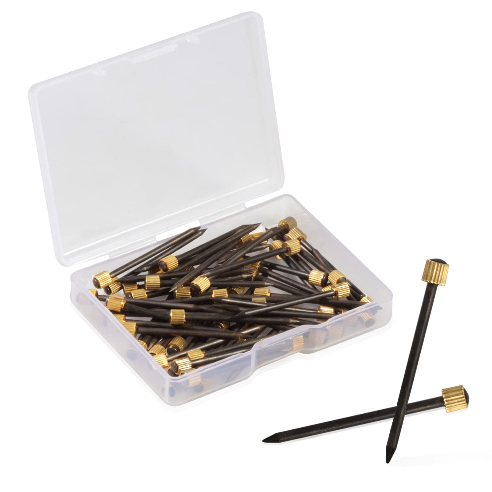SPEEDWOX 60 Pcs Heavy Duty Picture Hanging Kit - Black Steel Nails with Brass Head Frame Hooks for Wall Art, Paintings & Photo Frames (5-30 lbs Capacity) - Includes Plastic Storage Box for Home & Office Decor Organization