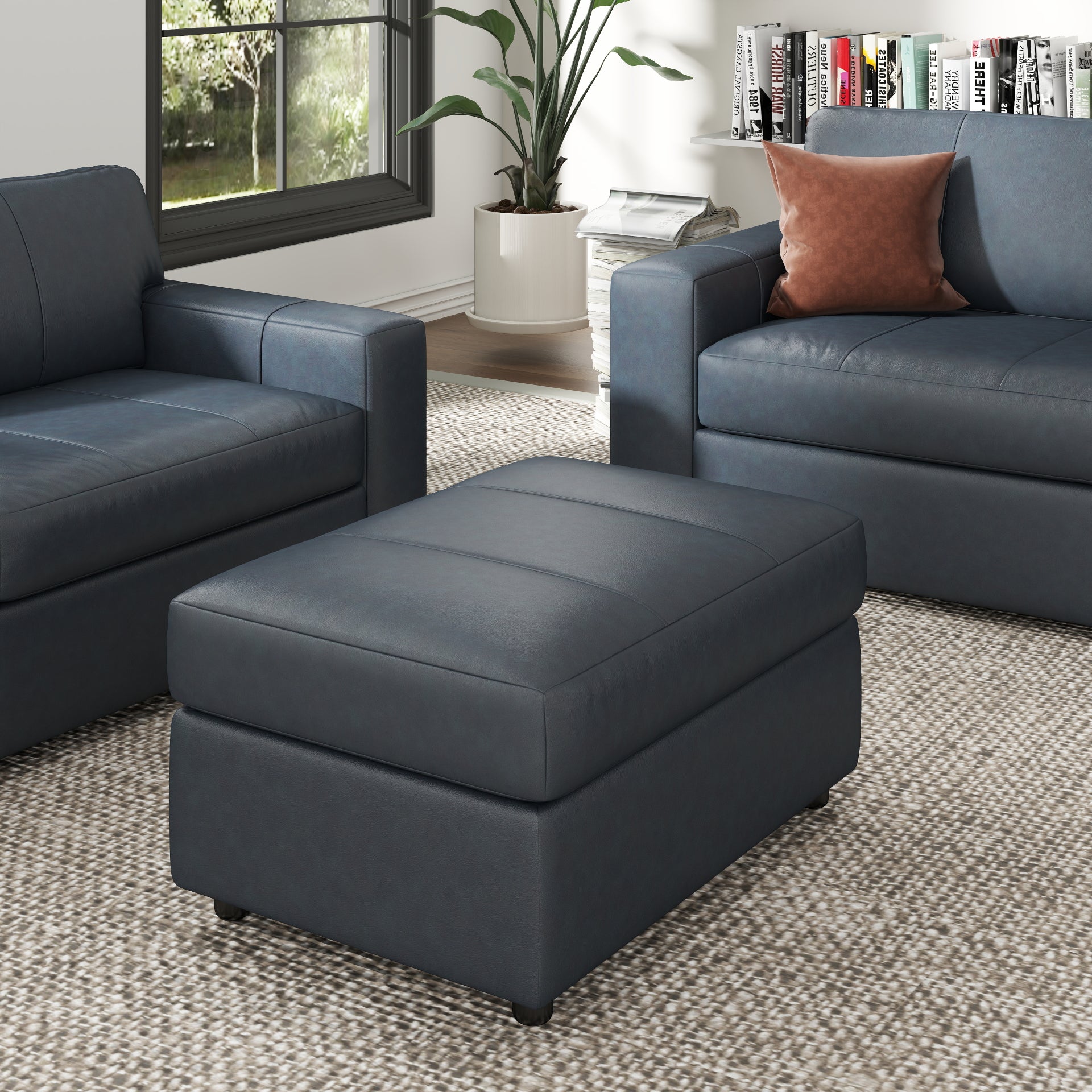 Roundhill Furniture Sakan Leather Upholstered Ottoman - Premium Leather Footrest Stool with Storage for Living Room, Bedroom & Home Decor
