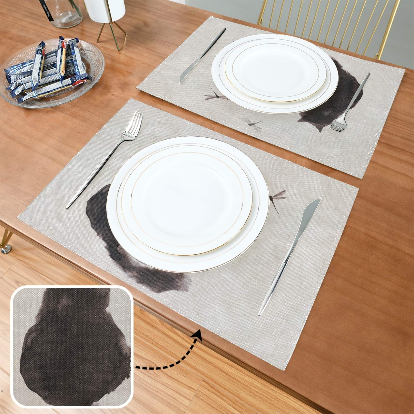 Retro Black Fluffy Cat & Dragonfly Placemats Set of 4 - Non-Slip Vinyl Table Mats 12x18 Inches for Dining Table, Kitchen Decor, Home Decoration - Perfect for Everyday Meals, Dinner Parties & Holiday Gatherings