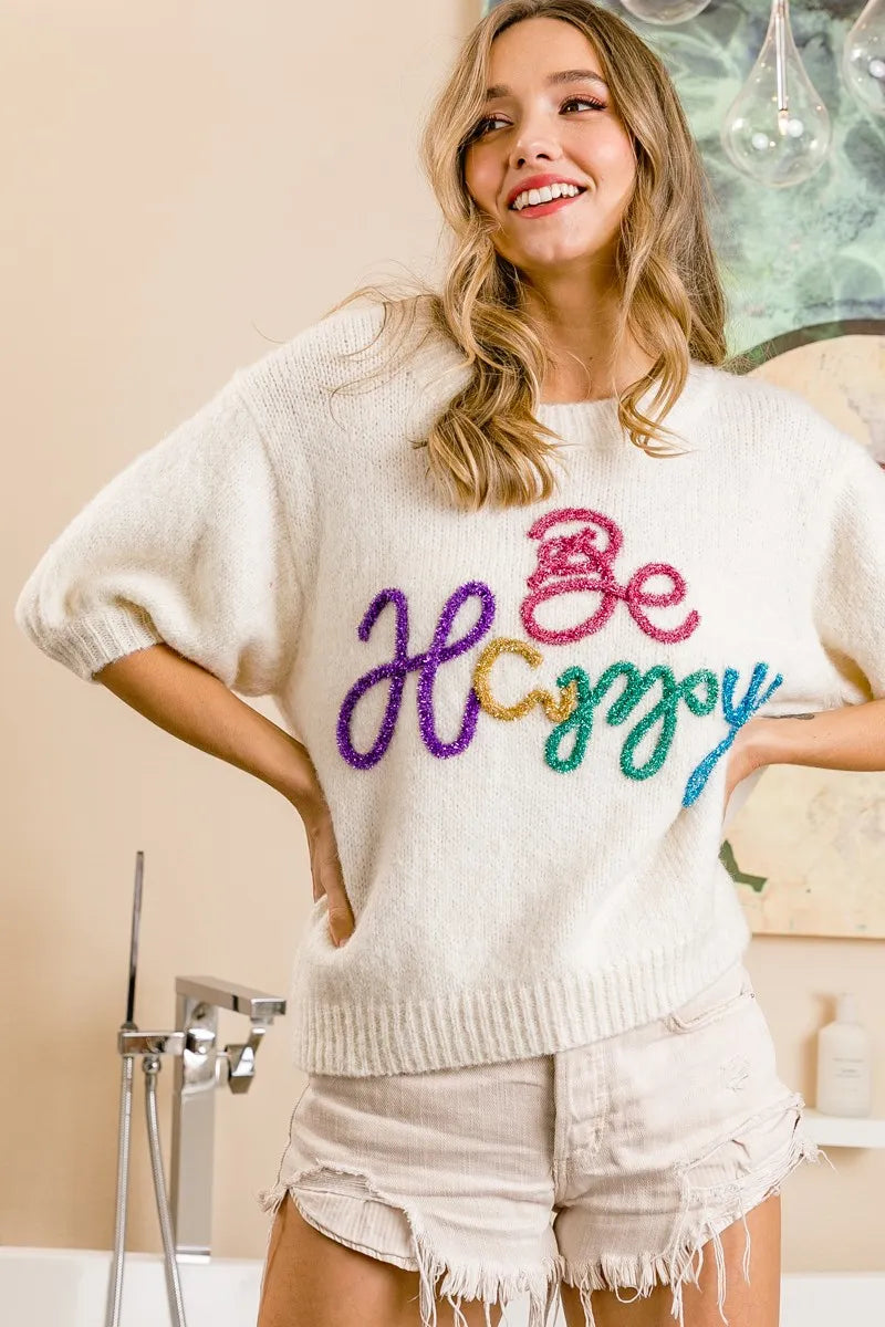 BiBi Metallic Letter Short Puff Sleeve Fuzzy Sweater | Women's Fashion Knitwear for Casual Outings & Holiday Parties