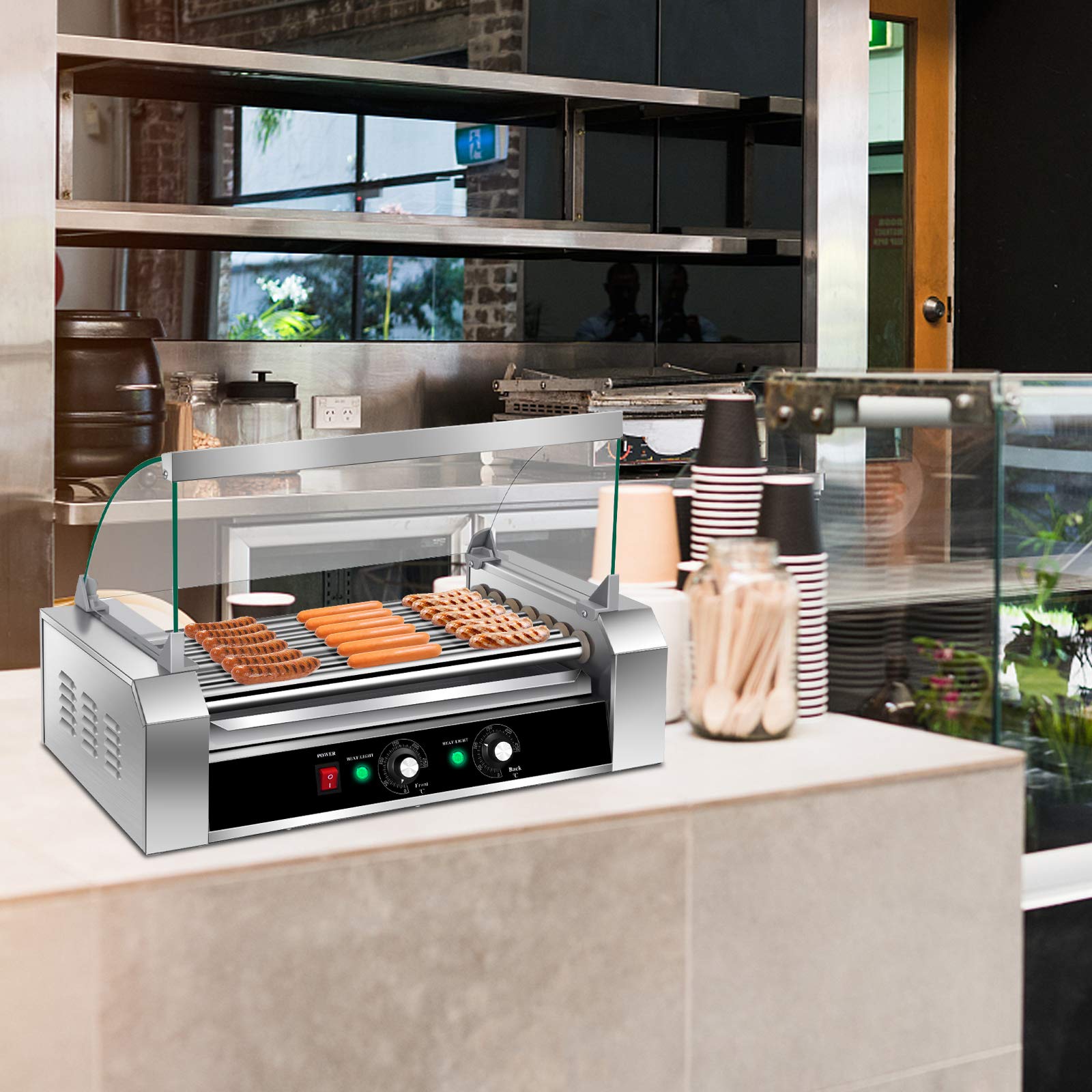 Commercial Electric Hot Dog Roller Machine - 18 Hot Dog Capacity with 7 Non-Stick Rollers, Removable Stainless Steel Drip Tray & Glass Hood Cover - Perfect for Restaurants, Carnivals, Food Trucks and Home BBQ Parties