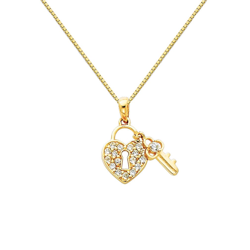 14K Yellow Gold CZ Heart Lock & Key Pendant Necklace with 0.65mm Box Chain - Romantic Gift for Valentine's Day, Anniversary & Special Occasions