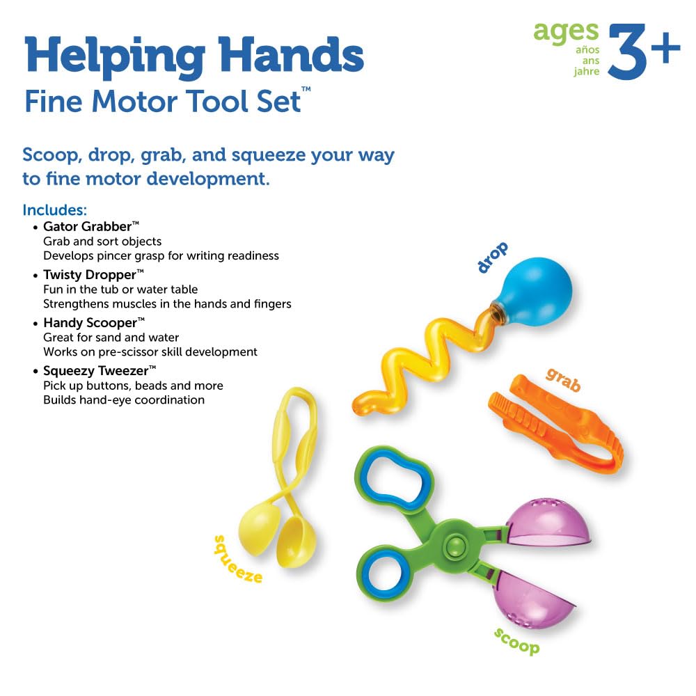 Learning Resources Helping Hands Fine Motor Tool Set - 4 Piece Toddler Tweezers & Sensory Bin Toys for Kids Ages 3+, Perfect for Preschool Learning & Occupational Therapy Activities