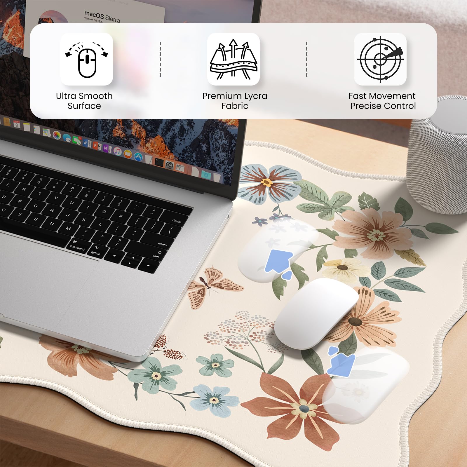 HAOCOO Non-Slip Floral Desk Mat with Edge Stitching - Large Washable Mouse Pad for Keyboard & Mouse, Office Aesthetics & Gaming - Perfect for Home Office, Workstation & Computer Desk (Beige)