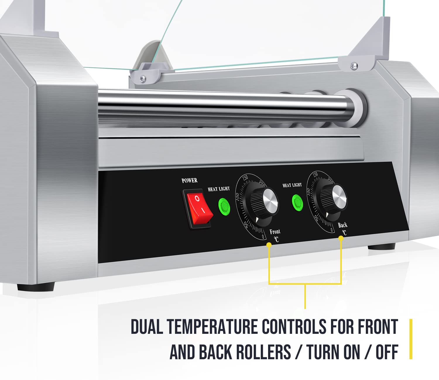 Premium SYBO Hot Dog Roller Machine - 18 Hot Dog Capacity, 7 Non-Stick Stainless Steel Rollers, 1000W Commercial Grill with Detachable Glass Cover (ETL Certified) - Perfect for Restaurants, Food Trucks, Carnivals & Home BBQs