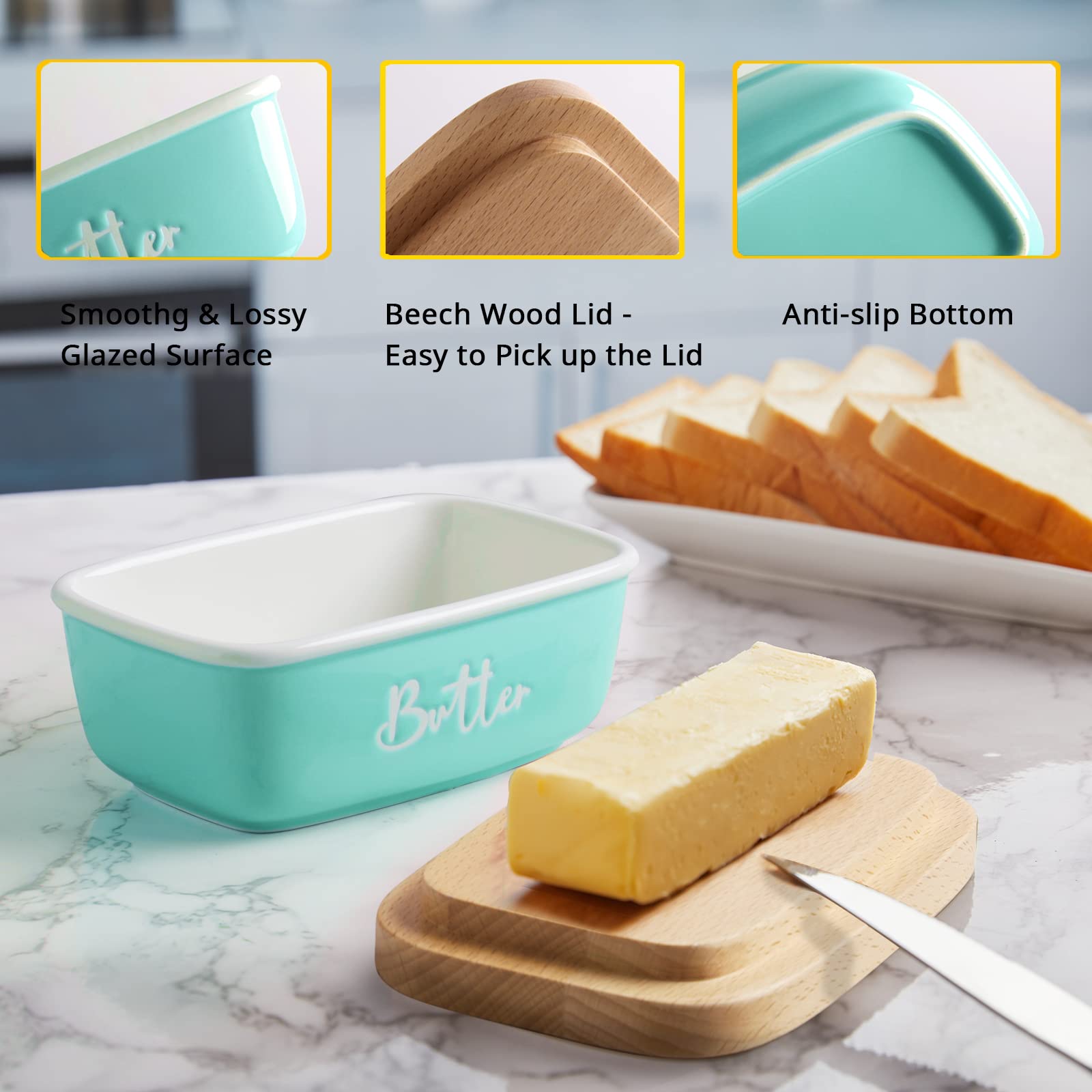 ALELION Turquoise Ceramic Butter Dish with Lid - Airtight Butter Keeper Container with Thick Beech Wood Cover - Modern Farmhouse Kitchen Decor for Countertop - Perfect for Dining Table, Breakfast Nook & Farmhouse Style Kitchens
