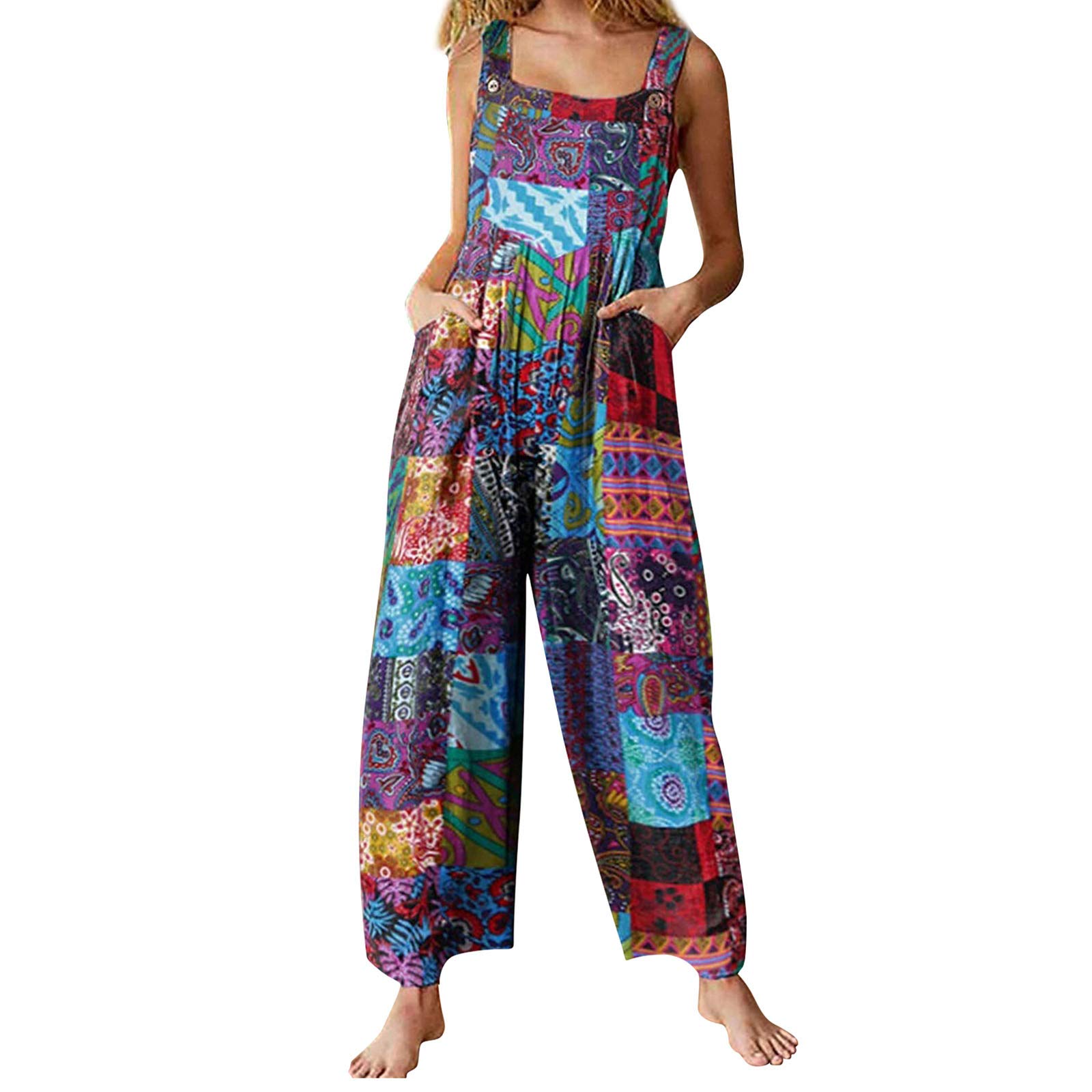 Women's Summer Boho Jumpsuit - Ethnic Style Square Neck Sleeveless Romper with Pockets | Casual Bohemian Overalls for Beach, Music Festivals & Summer Outings