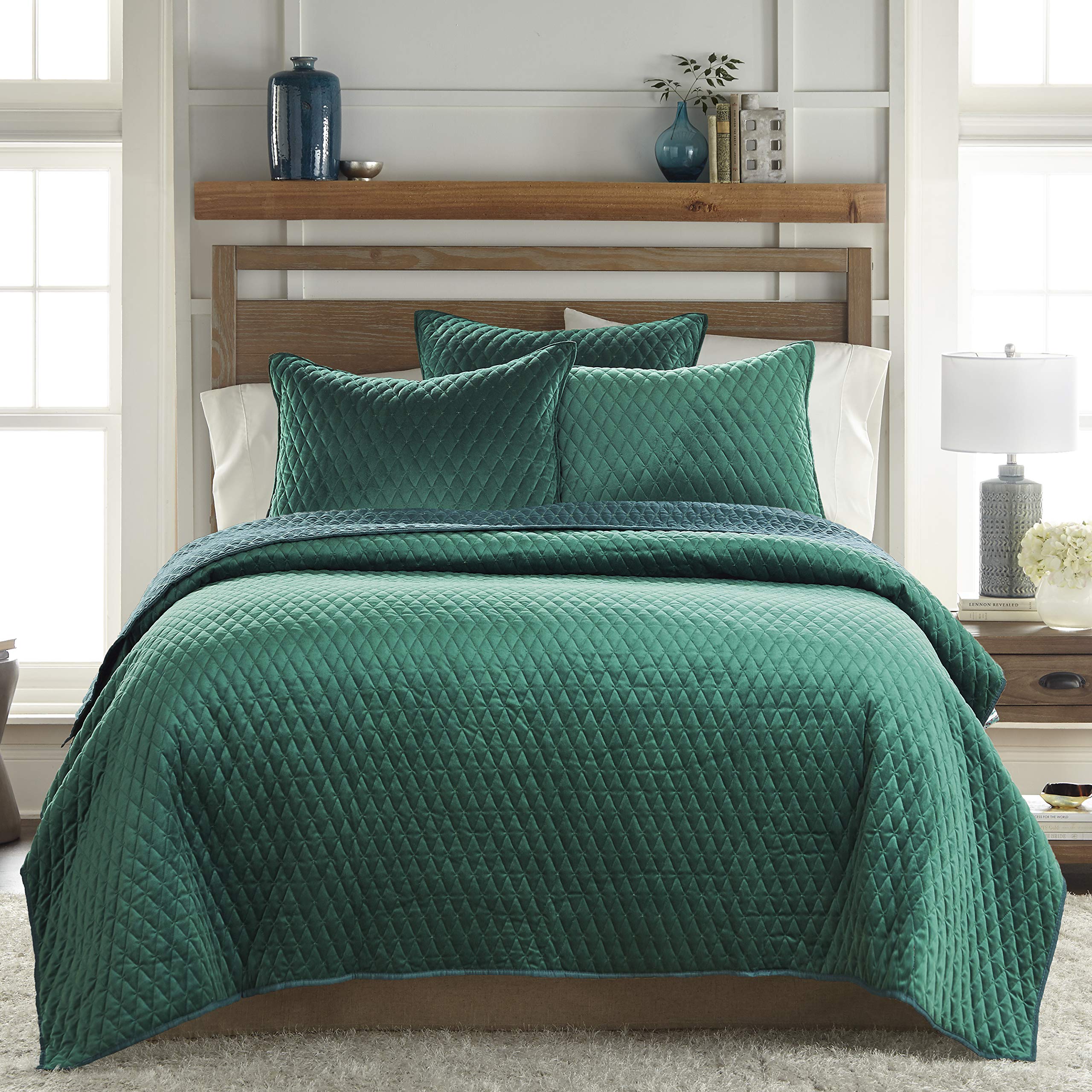 Levtex Home Empire King/Cal King Velvet Quilt - Emerald Green Diamond Quilting Bedspread (106
