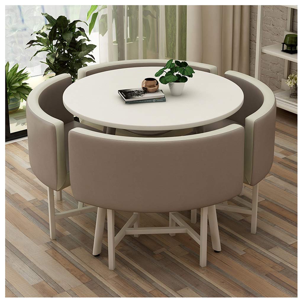Modern Round Table and 4 Leather Chairs Set - Army Green Balcony, Living Room, Dining & Office Furniture for Coffee Shop, Beauty Salon, Meeting Room & Lounge - Perfect for Small Space Decor, Casual Dining & Relaxation