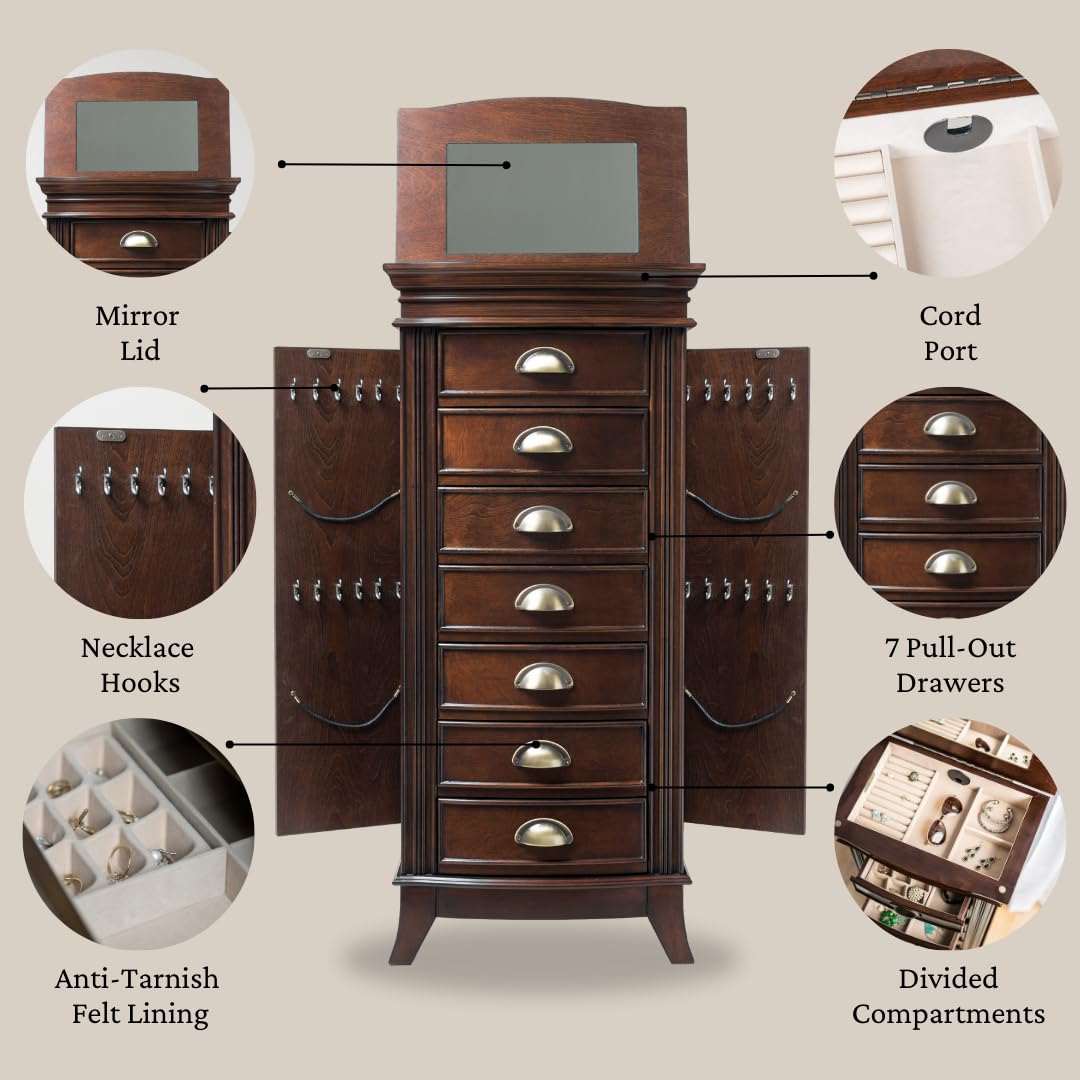 Alexa Walnut Jewelry Armoire with 7 Drawers - Classic Wooden Jewelry Organizer with Multiple Compartments for Necklaces, Rings & Bracelets - Perfect for Bedroom Vanity, Closet Storage & Gift Giving