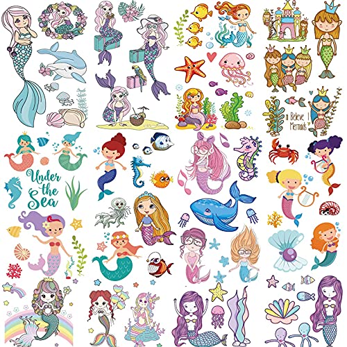 10 Sheets Mermaid Temporary Tattoos for Kids - Waterproof Mermaid Tail Tattoos Stickers for Birthday Party Favors, Pool Party, Beach Day & Summer Festival Decorations