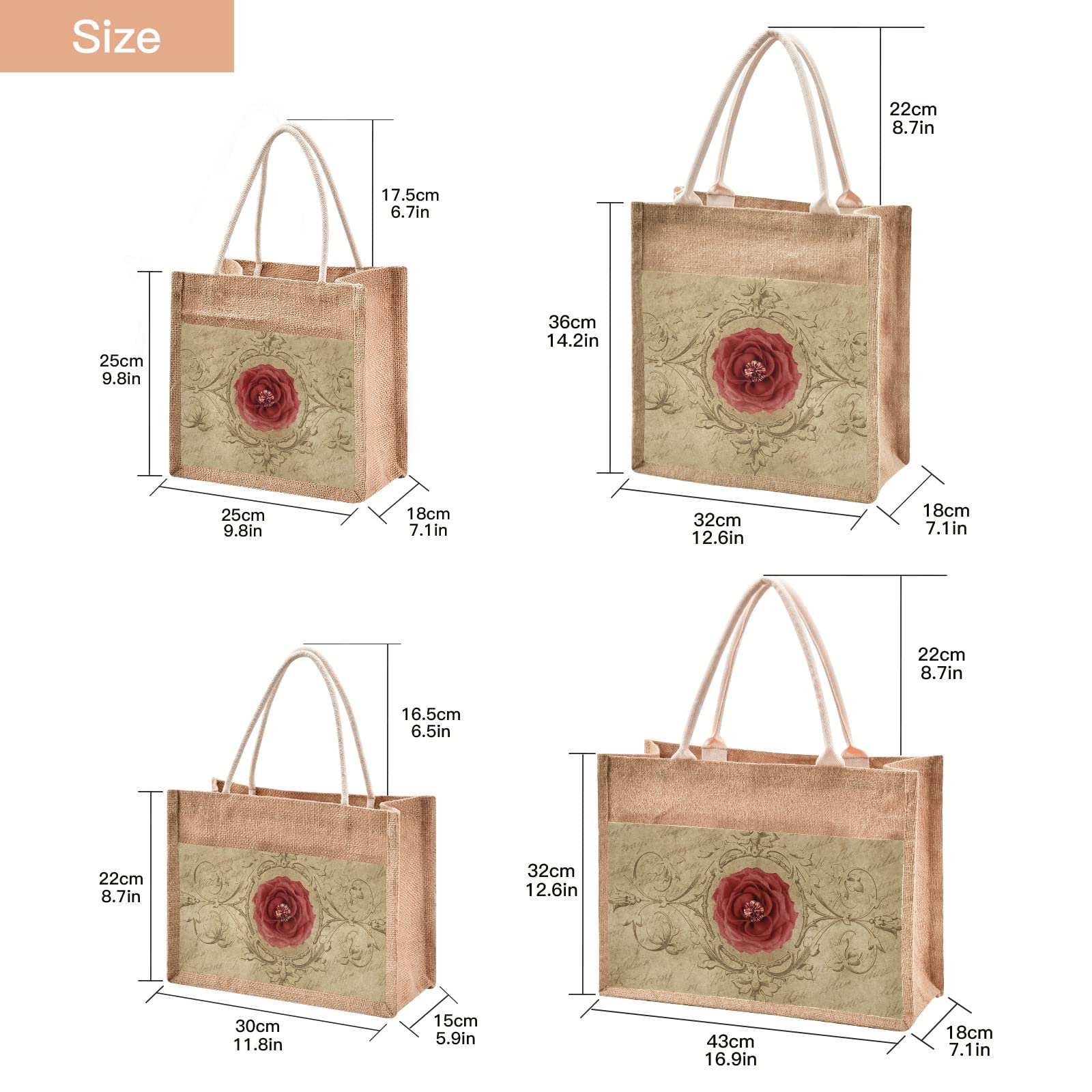 Linqin Rose Jute Tote Bag - Waterproof Eco-Friendly Grocery Shopping Bag with Sturdy Handles for Women | Perfect for Beach, Travel, Wedding & Daily Use