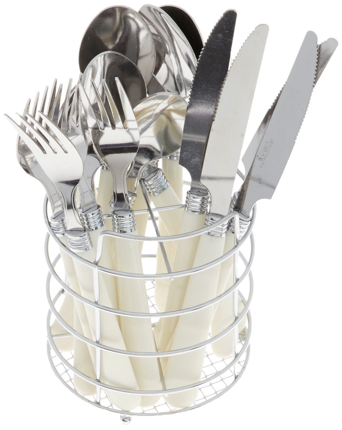 Gibson Sensations 16-Piece Stainless Steel Flatware Set with Metal Caddy - Includes Knives, Forks, Large & Small Spoons - Durable, Dishwasher Safe Silverware for Everyday Dining, Restaurants, and Parties (White)