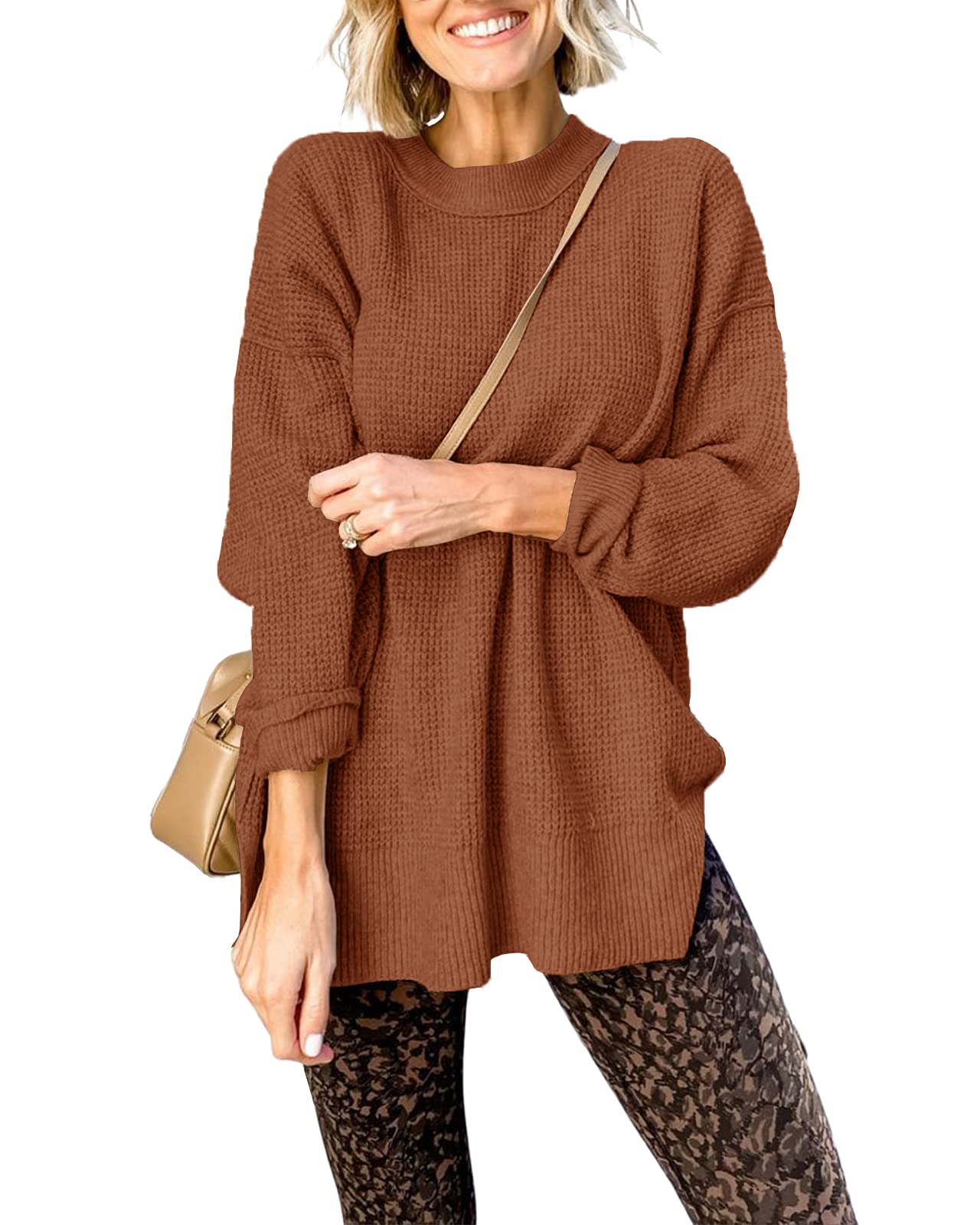 Popheartgo Women's Oversized Waffle Knit Sweater - Crew Neck Long Sleeve Pullover with Side Split | Cozy Winter Jumper Top for Casual Outfits & Layering