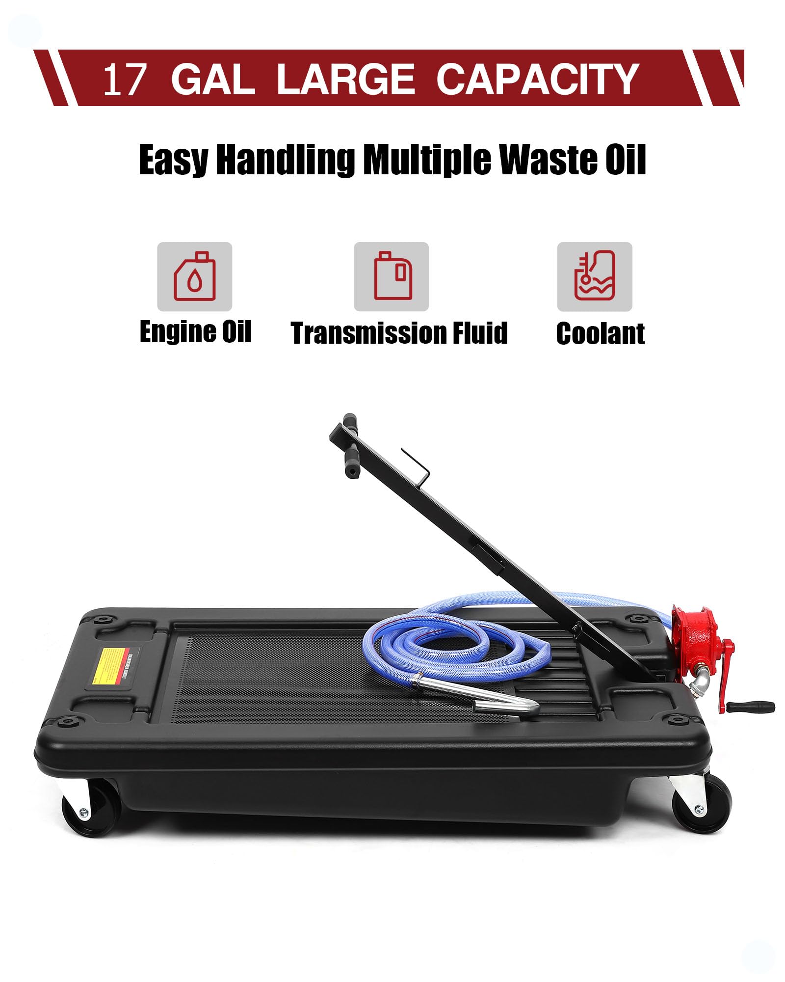 DEXSO 17 Gallon Oil Drain Pan with Pump & 8 Ft Hose - Low Profile Oil Change Cart with T-Folding Handle for Trucks, Cars, SUVs - Perfect for DIY Oil Changes & Garage Maintenance