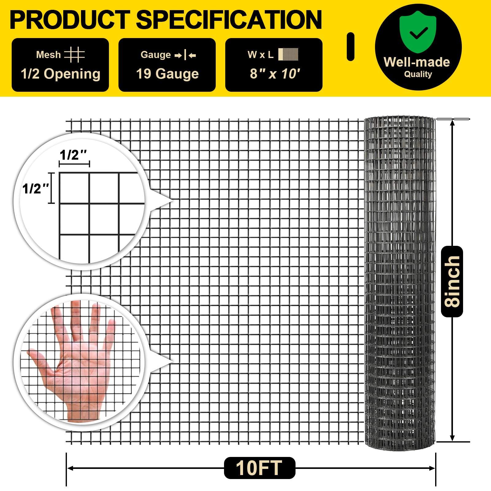 Black PVC Coated Galvanized Steel Wire Mesh Roll - 1/2 Inch 19 Gauge (8'' x 10') - Heavy Duty Chicken Wire Fence for Coops, Rabbit/Snake Barriers, Poultry Enclosures & Garden Protection - Ideal for DIY Animal Fencing, Pest Control & Home Security