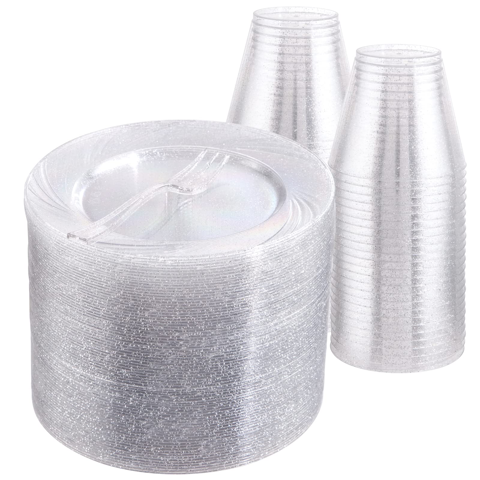 BUCLA 100-Pack Silver Glitter Plastic Plates 6.5 Inch - 100-Pack Plastic Dessert Forks 5 Inch - 100-Pack Disposable 9oz Silver Glitter Plastic Cups - Perfect for Weddings, Birthday Parties, Baby Showers & Events - Elegant Tableware for Celebrations & Gatherings