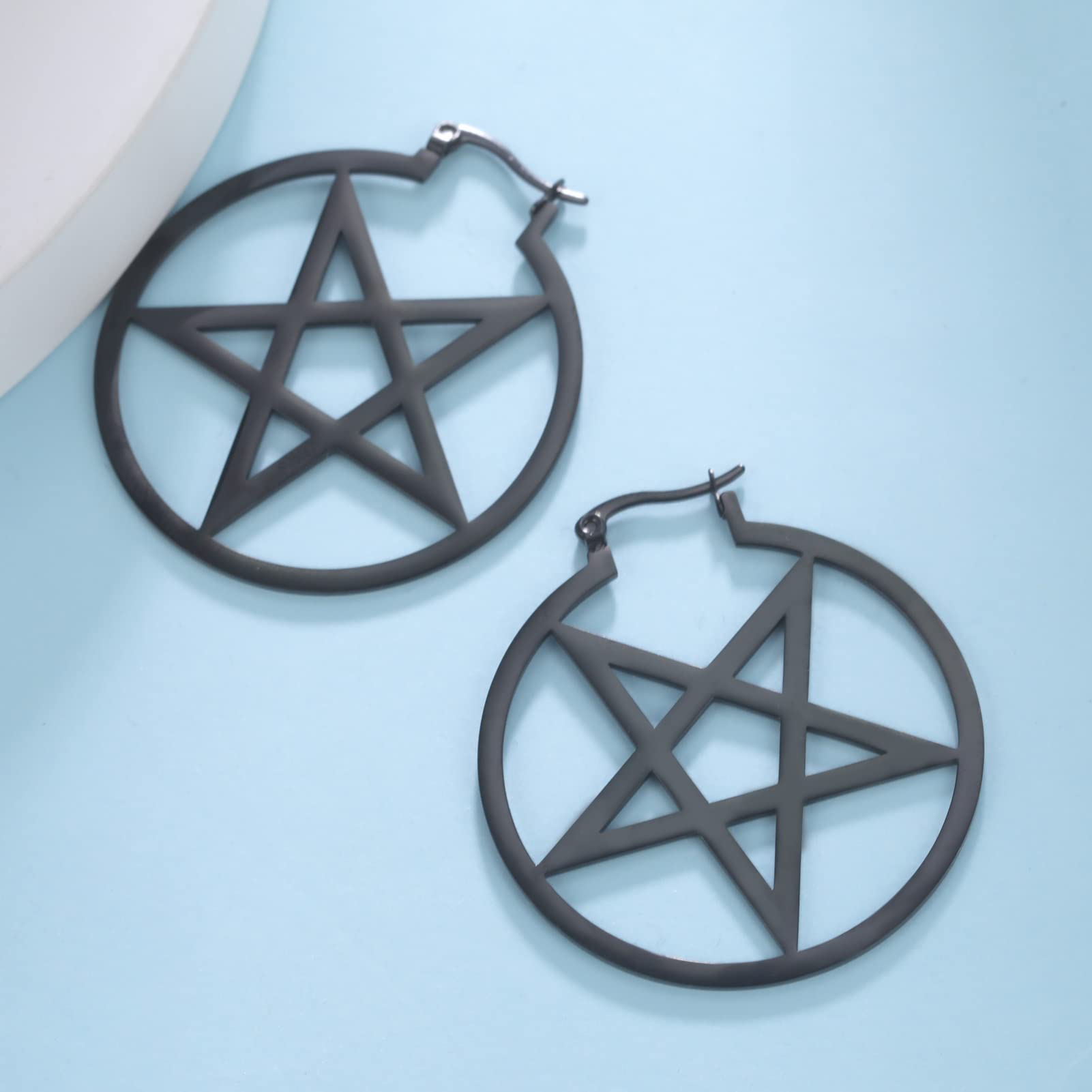 LIKGREAT Large Pentagram Earrings for Women - Gothic Pentacle Buckle Hoop Earrings - Wiccan Pagan Jewelry - Perfect for Halloween Parties, Witchy Aesthetic & Boho Fashion