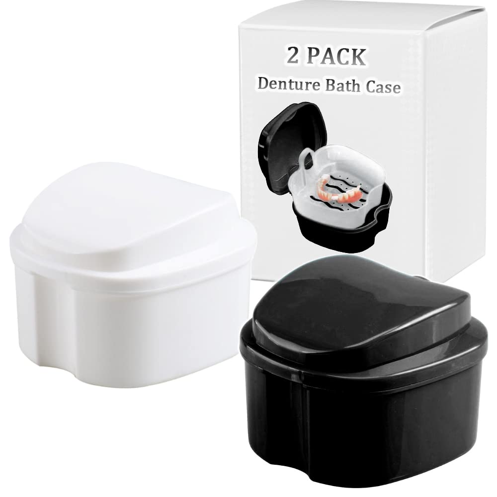 **Denture Bath Box & Cleaning Case - Complete Care for Dentures, Clear Braces, False Teeth, Mouth Guards, Night Guards & Retainers - Travel-Friendly (Black & White) - Perfect for Home, Travel & Daily Oral Hygiene**