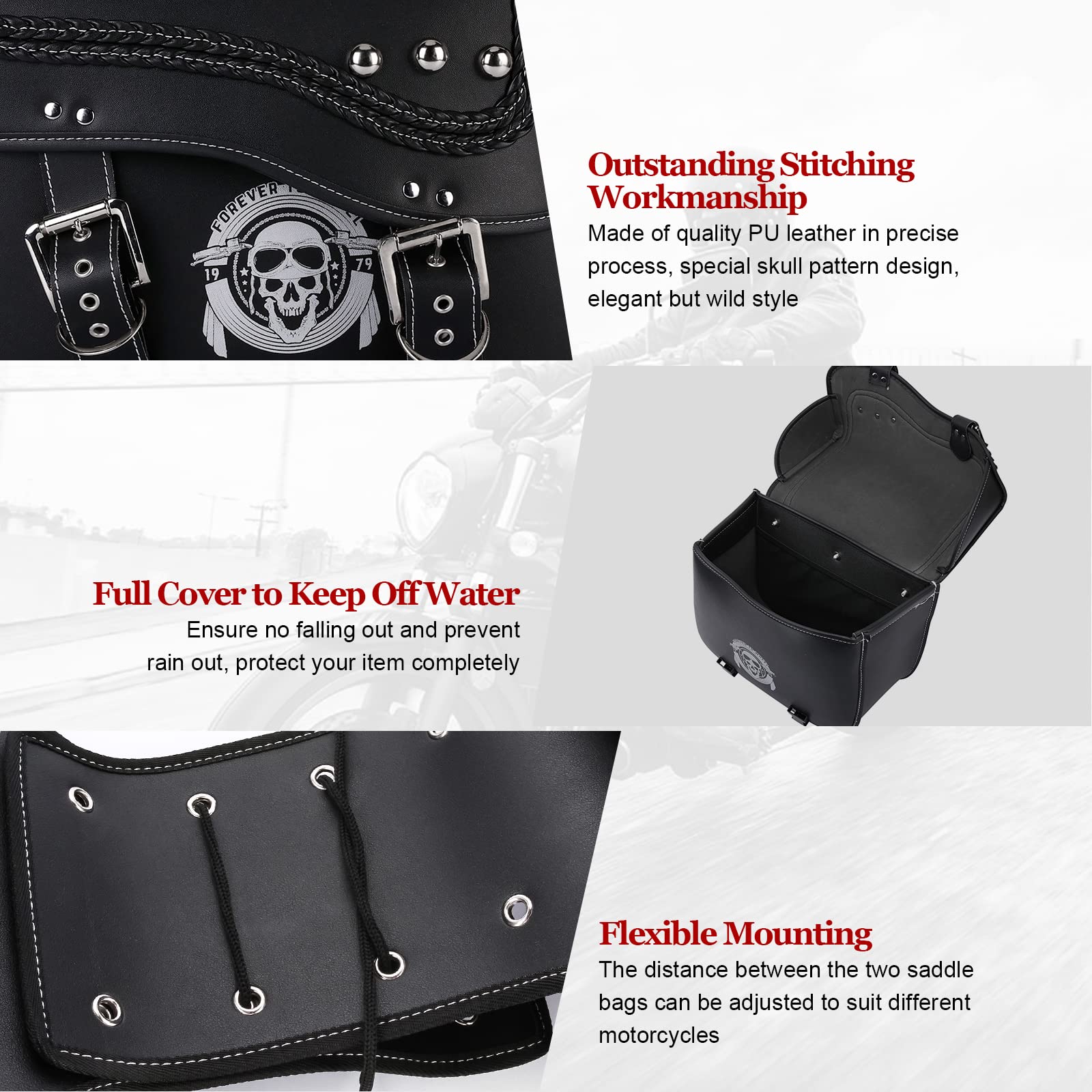 INNOGLOW Waterproof Motorcycle Saddlebags - Synthetic Leather Side Bags with Skull Pattern (2PCS) - Universal Fit for Harley, Sportster, Softail, Dyna, Suzuki & Kawasaki - Perfect for Long Rides, Commuting & Storage