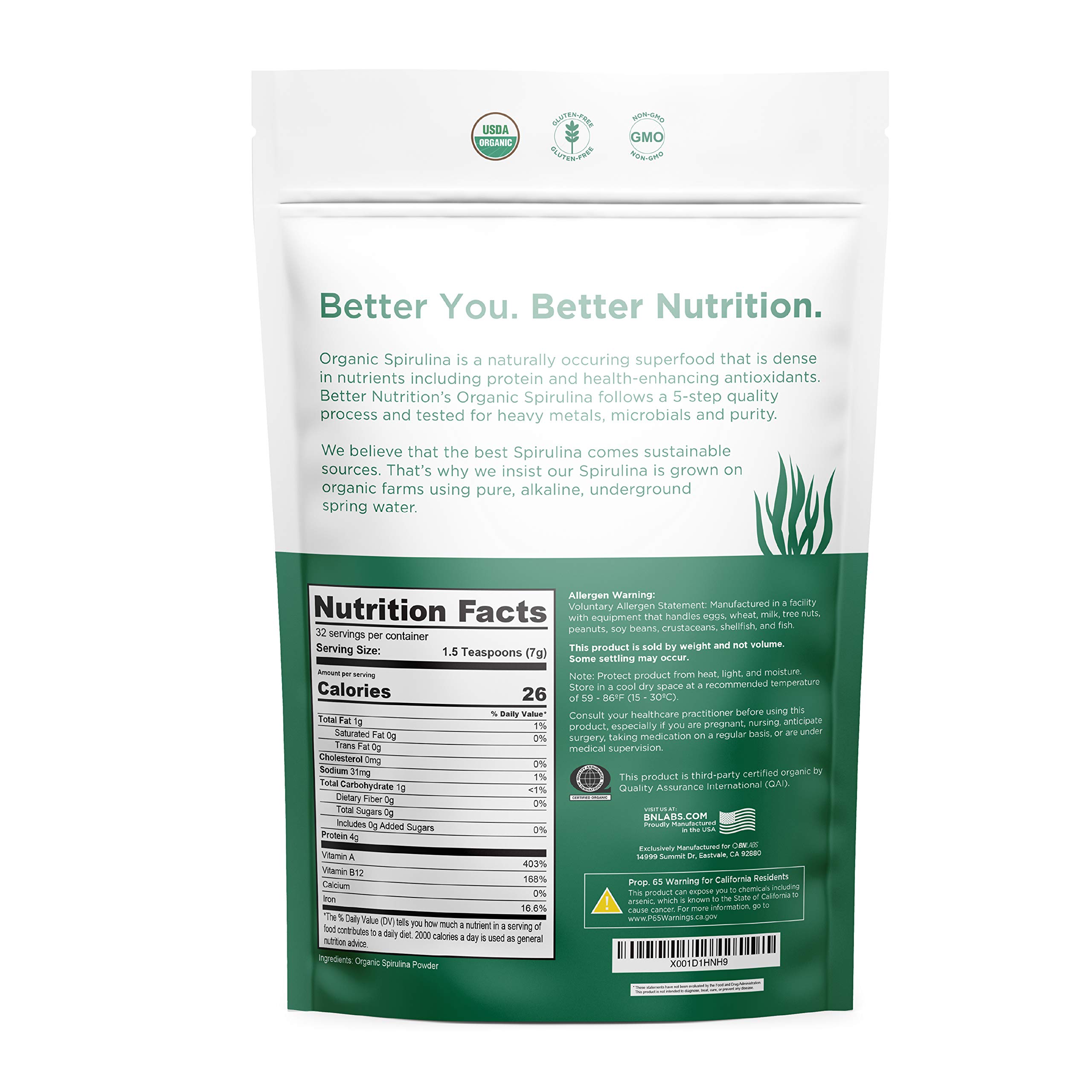 Organic Spirulina Powder 225g (64 Servings, 3.5g per Serving) - USDA Certified, RAW, Nutrient-Dense Superfood with 70% Protein - Vegan Protein Source for Smoothies, Energy Boosts & Detox - Pure & Natural Dietary Supplement