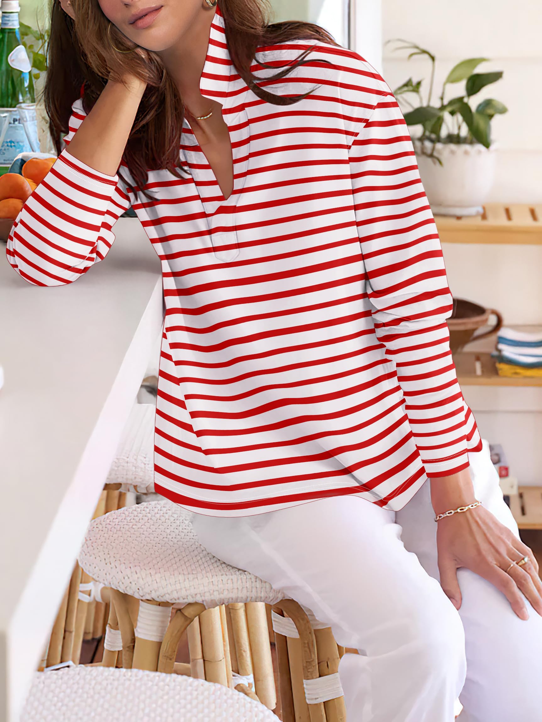 ANRABESS Women's Long Sleeve Polo Shirt - Casual V Neck Collared Blouse, Loose Fit Work Top for Spring & Summer | Office Wear, Business Casual, Weekend Outfits