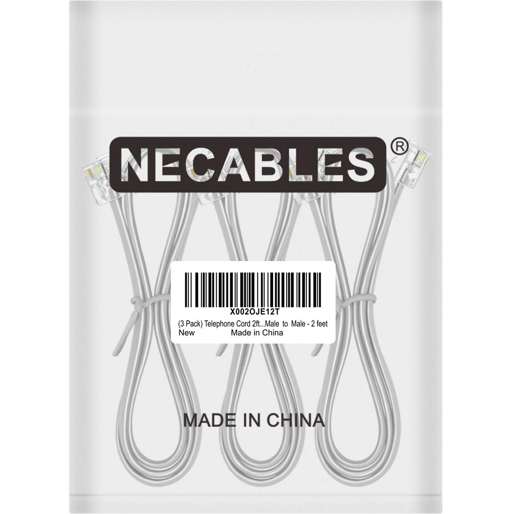 NECABLES 3-Pack 2ft RJ11 6P4C Male to Male Telephone Cord for Landline Phone, Fax Machine & Modem - Durable Phone Line Cable for Home, Office & Business Use
