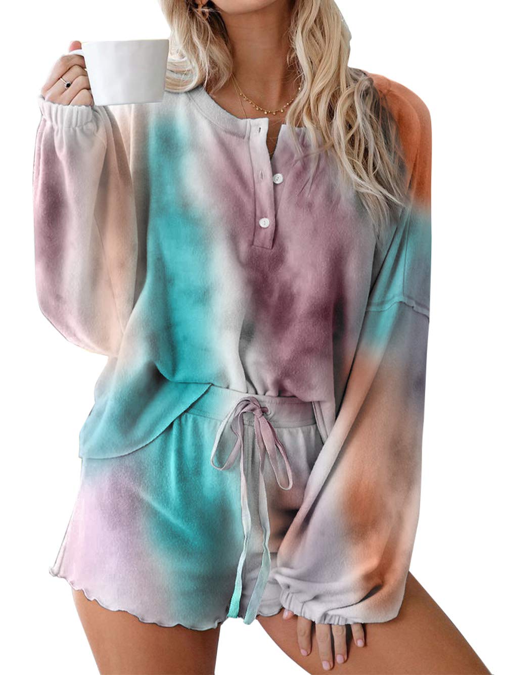 Bunanphy Women's Tie Dye Pajama Set - Long Sleeve & Shorts for Sleep & Lounge