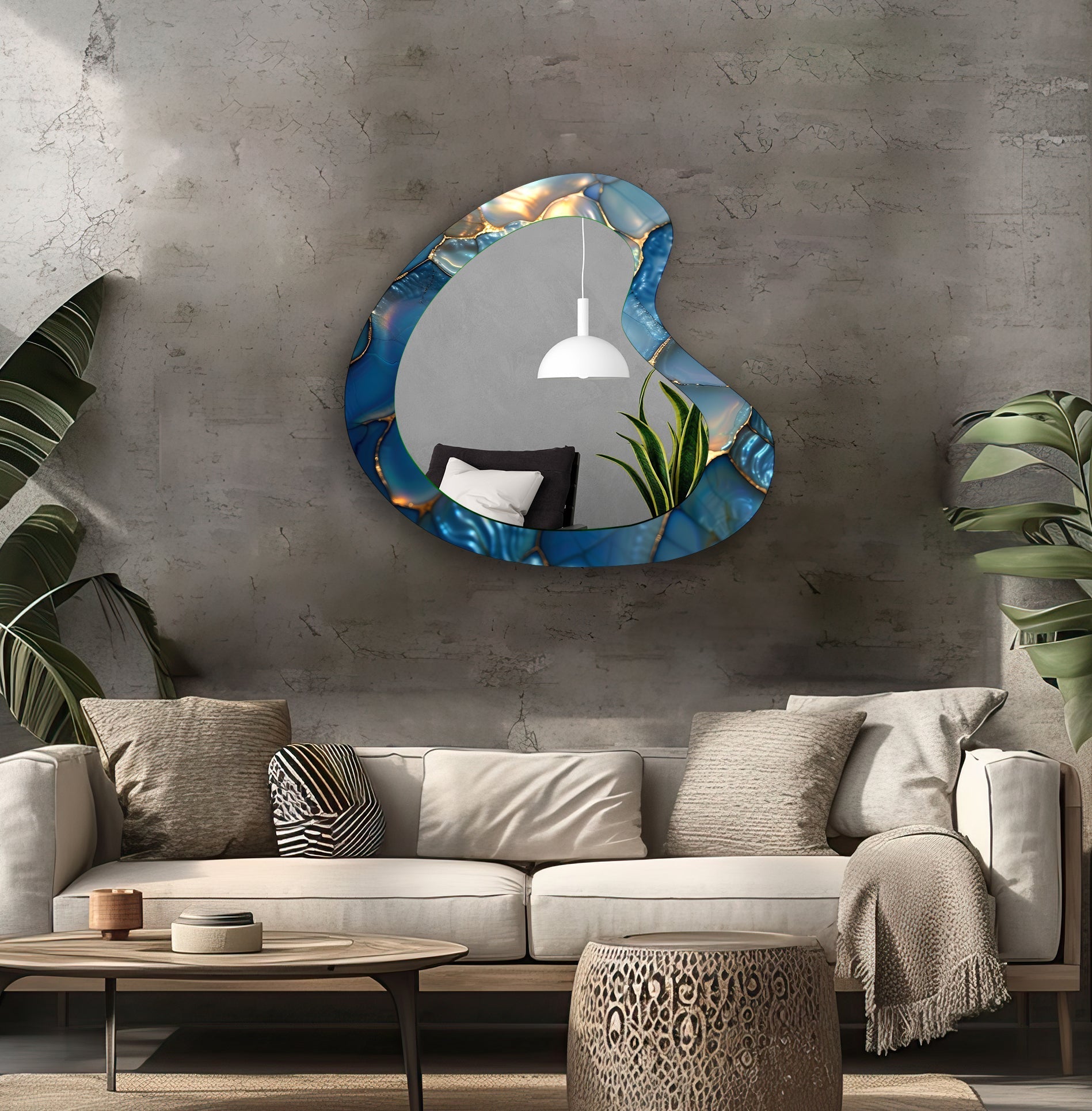 Blue Abstract Irregular Glass Wall Mirror - Modern Decorative Mirror for Living Room, Bedroom & Entryway - Unique Home Decor Accent Piece