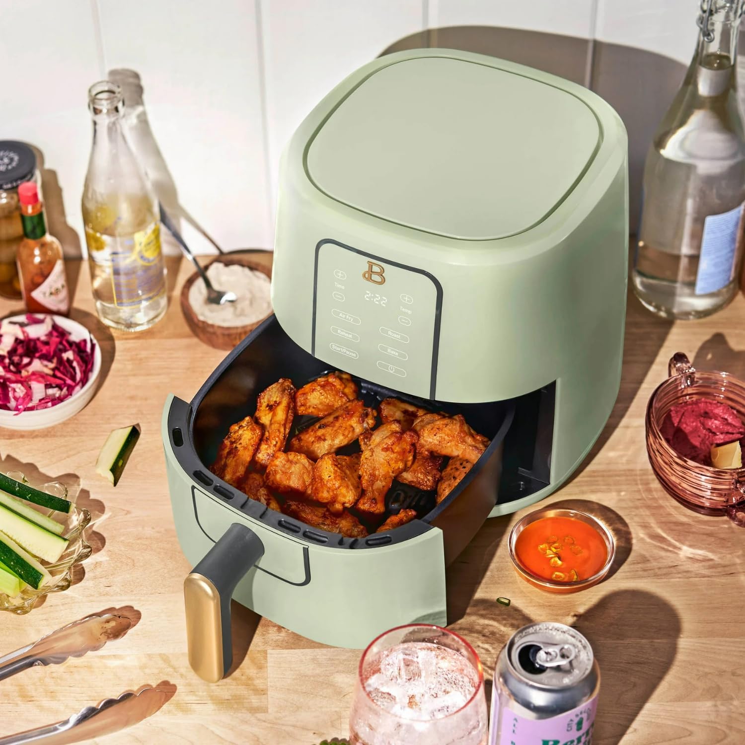 Drew Barrymore 3-Quart Digital Air Fryer with TurboCrisp Technology - 4 Presets, 170°F-400°F Temperature Range, Non-Stick & Dishwasher Safe Basket - 1200W Compact Airfryer for Healthy Cooking (Sage Green) - Perfect for Frying, Baking, Roasting & Reheating Family Meals