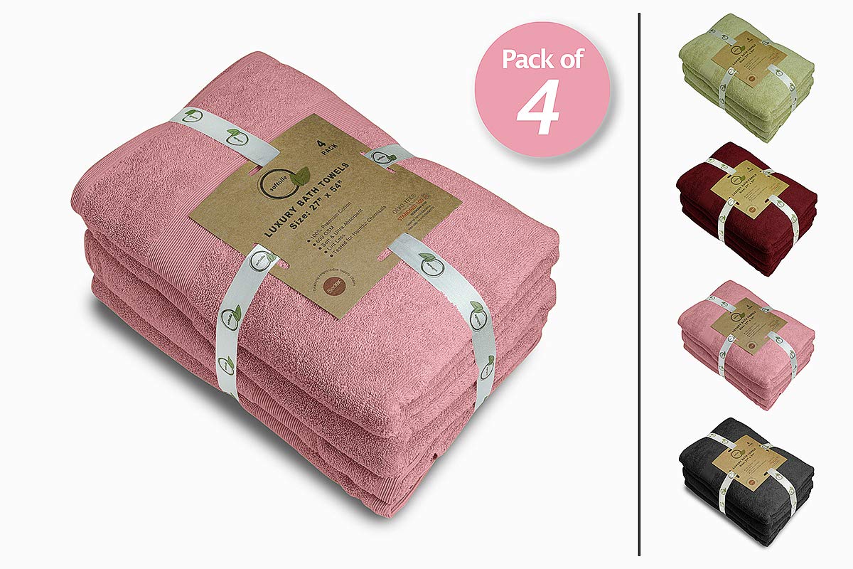 Softolle 100% Cotton Luxury Bath Towels Set of 4 - Ultra Soft & Highly Absorbent 27x54 Inch Bathroom Towels - Eco-Friendly, Plush & Quick-Drying for Spa, Hotel & Home Use (Pink)