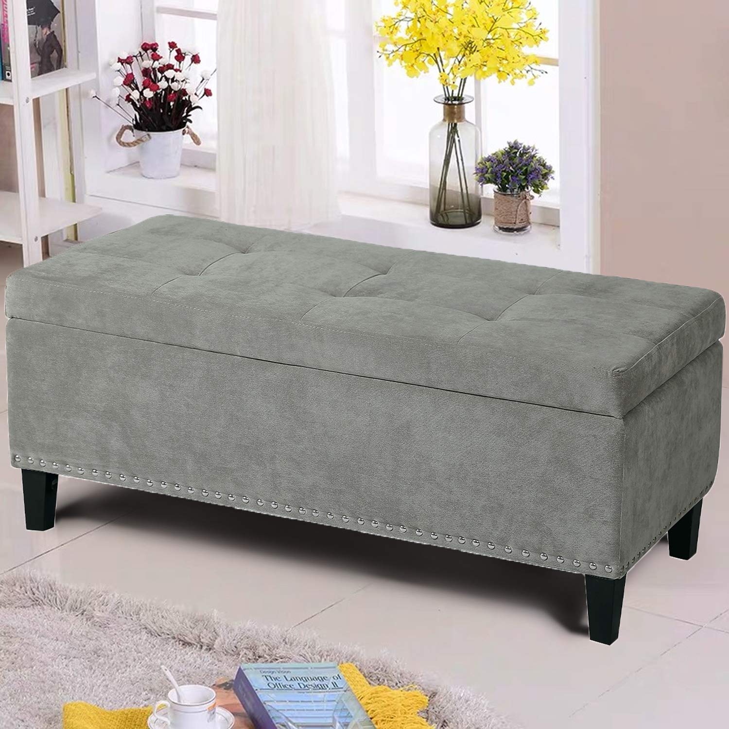 Asense Microfiber Rectangle Tufted Lift Top Storage Ottoman Bench with Solid Wood Legs & Nailhead Trim - Multi-Functional Footrest, Coffee Table & Hidden Storage for Living Room, Bedroom & Dorm