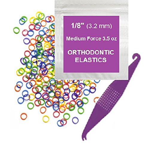 1/8 Inch Orthodontic Elastic Rubber Bands - 100 Pack, Neon Colors, Medium Force 3.5 oz - Dental Braces Bands for Teeth Gap Fixing, Dreadlock Hair Ties & Braces Accessories - Includes 1 Elastic Placer Tool - Perfect for Orthodontic Treatment & Hair Styling