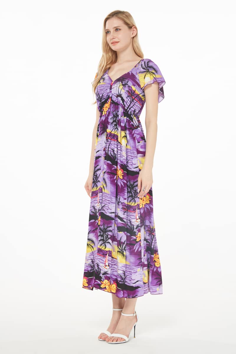 Women's Hawaiian Maxi Dress with Ruffle Sleeves - Tropical Sunset Print Flowy Beach Dress for Vacation, Summer Party & Boho Fashion