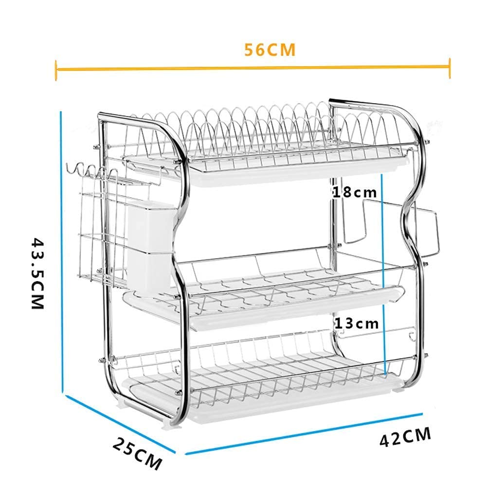 3-Tier Dish Drainer with Cup Holder - Kitchen Drain Rack & Cutlery Organizer (42x25x43cm) - Perfect for Countertop Tableware Storage and Drying Utensils, Forks, Spoons in Small Kitchens