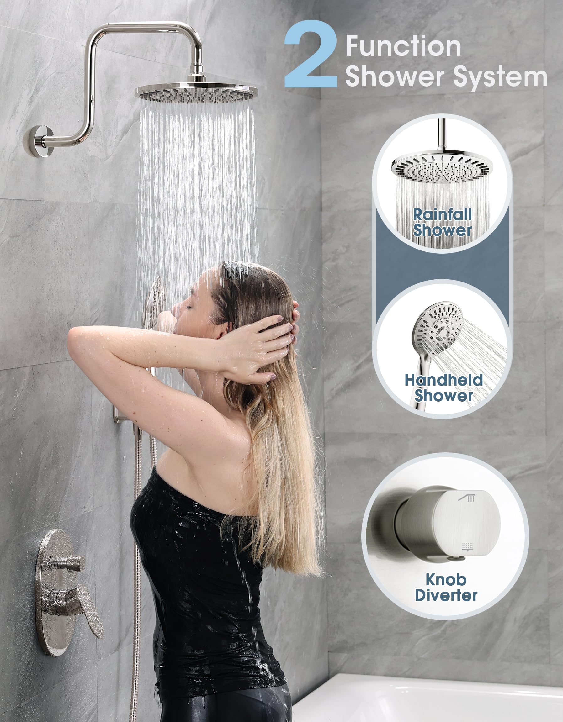 BRIGHT SHOWERS Brushed Nickel Shower Faucet Set - Double Handle Shower System with Rainfall Shower Head & 9-Setting Handheld Spray Combo, Includes Shower Valve Trim Kit | Perfect for Bathroom Remodeling & Spa-Like Shower Experience