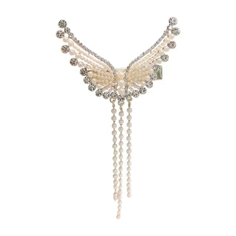 DENICRAAS Rhinestone & Faux Pearl Wing Design Hair Clips - Alloy Barrettes with Pearl Tassel for Women | Perfect for Weddings, Parties & Special Occasions