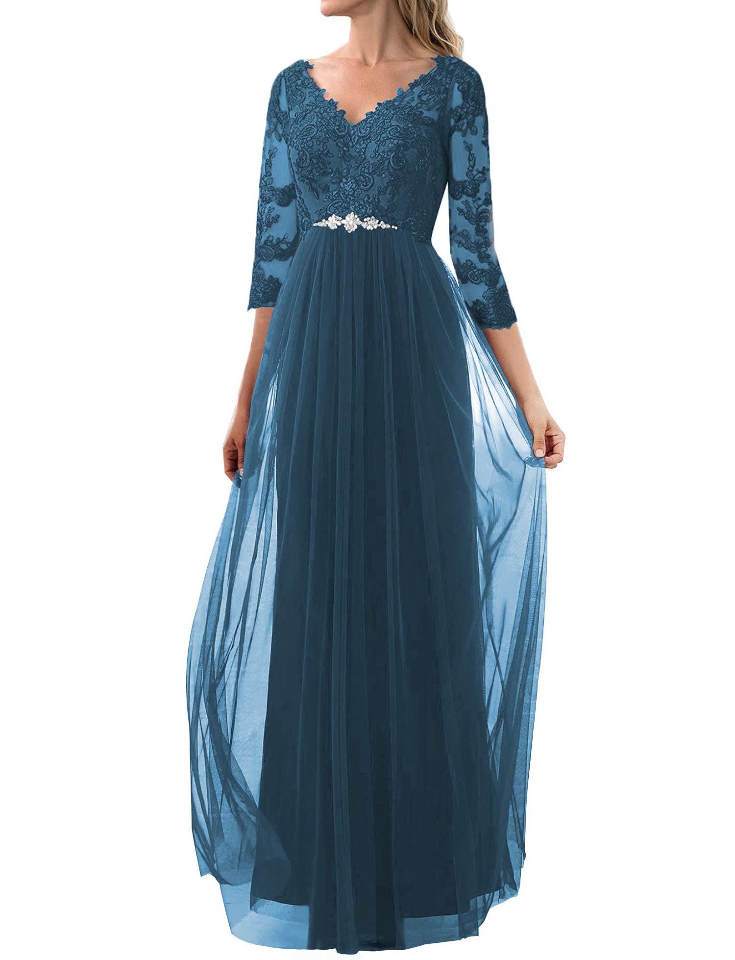 Elegant Lace Mother of The Bride Dress with Sleeves - Long Formal Evening Gown for Weddings, Prom & Special Occasions | Tulle A-Line Gown for Women