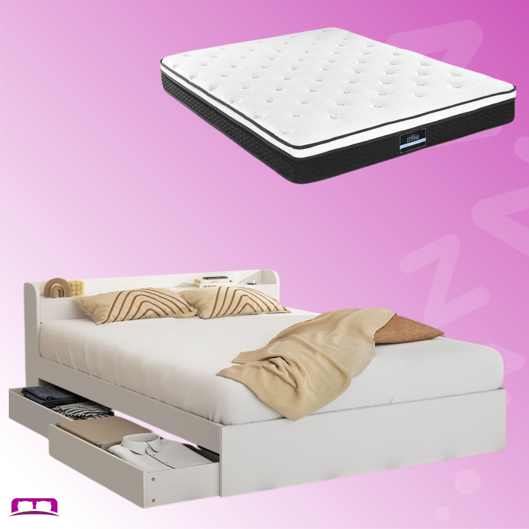 Aura Queen Bed Frame with 2 Storage Drawers & Bonita Pillow Top Mattress - Medium Firm Support - White Finish - Space Saving Bedroom Solution for Small Apartments and Guest Rooms