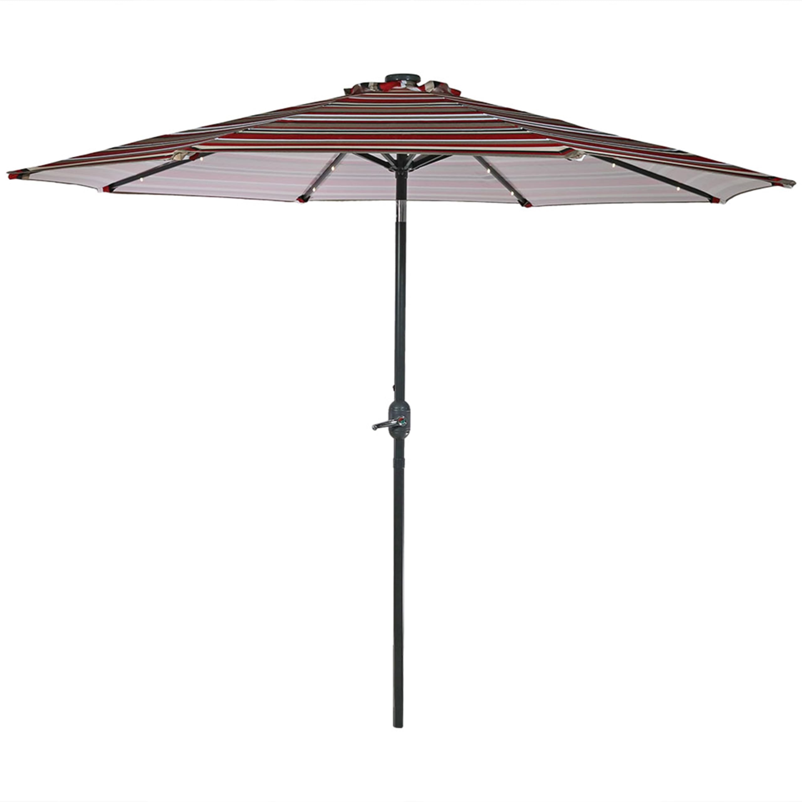 Sunnydaze 9ft Outdoor Patio Umbrella with Solar LED Lights, Tilt & Crank Mechanism, Waterproof Awning Stripe Design - Perfect for Backyard, Poolside, and Garden Relaxation